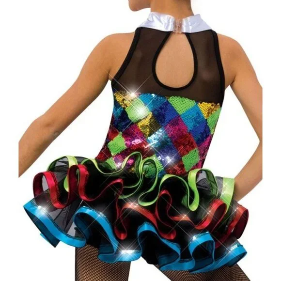 Girls Sequin Harlequin Dance Costume Ruffle Tutu Sequin Bowtie Broadway Star ISC - Picture 7 of 11